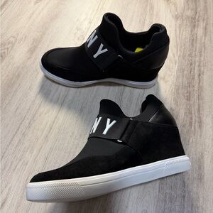 DKNY Black Slip-On Wedge Sneakers with White Soles